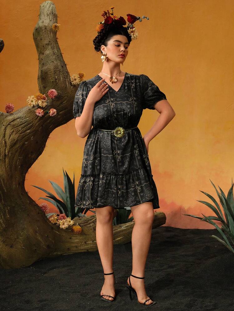 Plus Size Allover Printed V-Neck Bubble Sleeve Cinched Waist Dress For Summer