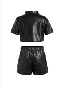 Cô Gái Trẻ Đen Da Áo khoác + Giải trí Da Quần short Giải trí Bộ đồ - màu đen - Xem 2