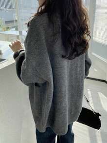 Solid Drop Shoulder Oversized Cardigan,Ladies Weekend Late Fall Casual Pocket Drop Shoulder V Neck Loose Grey Plain Women Cardigans,Casual Daily Wear,Long Sleeve Tops - Grey - View 3