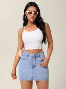 Flexra Women Summer Casual Slim Fit Washed Denim Mini Skirt - Medium Wash - View 5