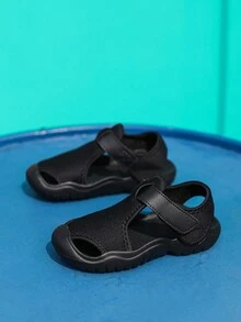 嬰兒/幼兒男女夏季純色運動沙灘鞋，輕盈透氣，防撞趾設計，彈性可調節鬆緊帶，適宜於日常穿著、戶外和海灘活動 - 黑色 - 查看 3