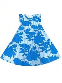 EMERY ROSE 女士假日植物印花寬鬆休閒短袖圓領連衣裙