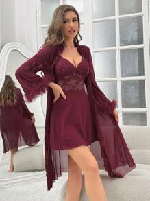 Women Solid Color Lace Patchwork Backless Halter Neck Nightgown With Ruffle Hem Robe Sleepwear Set Pajama Set