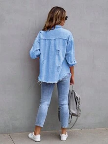 Ladies Single-Breasted Drop Shoulder Long Sleeve Denim Blouse - Baby Blue - View 2