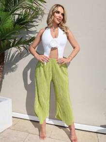 SHEIN SXY Green Summer Spring Vacation Resort Beach Wear Sexy Solid Asymmetrical Hem Plisse Cropped Pants - Green - View 3