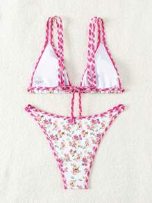 SHEIN Swim 女款度假風格夏季花卉印花細肩帶上衣和比基尼套裝，非常適合在海灘或游泳池旁穿著 - 彩色 - 查看 2