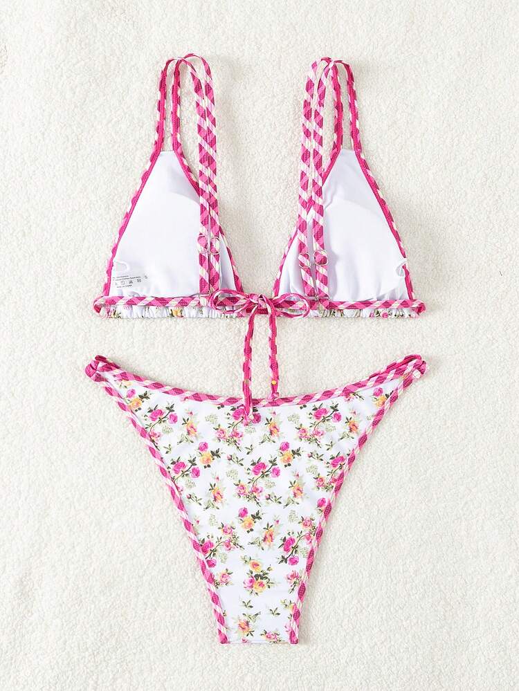 Women Vacation Style Summer Floral Print Spaghetti Strap Top And Bikini Set, Perfect For Wearing On The Beach Or By The Pool