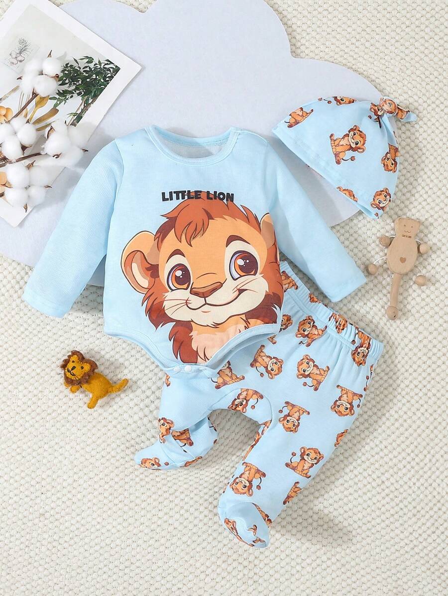 SHEIN Playful Pals Tuta per bambino con stampa di scimmietta a maniche lunghe e pantaloni a maniche lunghe, indumenti da casa, 2 pezzi/set