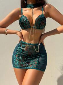 3 Piezas/set Conjunto De Lencería Sexy Con Detalles De Encaje Y Cadena, Que Incluye Sujetador Sin Cables, Falda Y Tanga