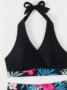 SHEIN Swim Bộ đồ bơi bikini cổ yếm mùa hè và in toàn thân, hoàn hảo để mặc đi biển và hồ bơi - màu đen - Xem 4