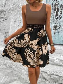 SHEIN LUNE Váy không tay in hình cây thông thường ngày lễ - màu nâu - Xem 1