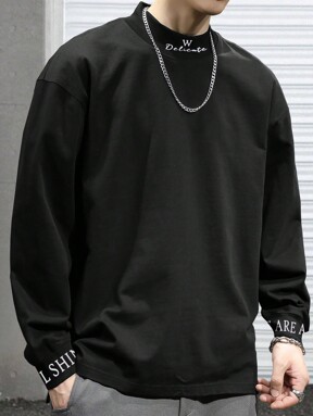 T-shirts amples pour hommes à col montant, épaules tombantes, manches longues, décontractés, pour le collège et l'école, en polyester, pour le printemps et l'automne