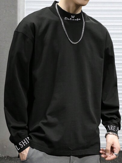 Guys Letter Graphic Mock Neck Drop Shoulder Tee