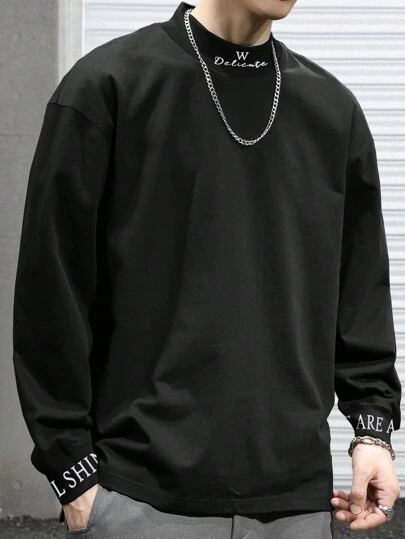 Herren T-Shirts, weite Passform mit Mock-Kragen, Dropped Shoulder, Langarm, Lässig College/Schule, Frühling, Polyester, Herbst