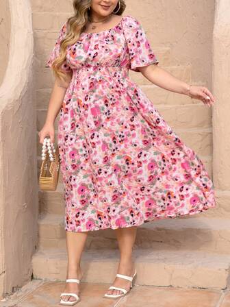 Plus Size Floral Print Dress With Square Neck And French Dessert-Inspired Tea Party