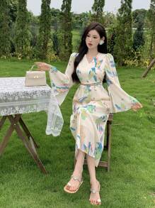 DAZY Women Full Floral Printed Long Sleeve Dress Sundress, Fall Dress Vacation Outfits Women Easter Dress Boho - Green - View 7