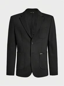Mainfolk Easy Care Stretch Summer Men Knitted Solid Color Business Blazer, For Fall Winter - Black - View 2