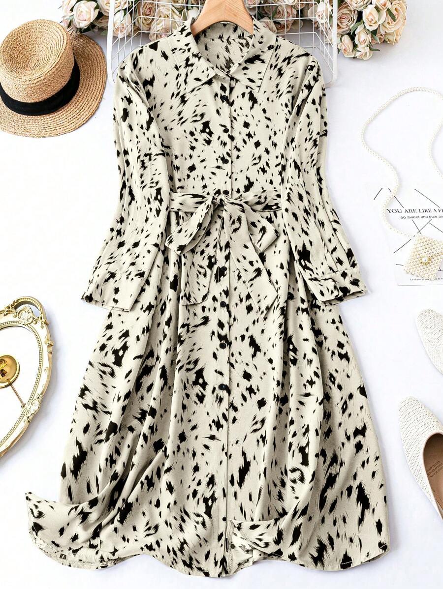 SHEIN Clasi 大尺碼女士夏季圖案印花長袖休閒襯衫連衣裙 - 黑與白 - 查看 1