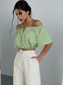 Aloruh Blusa ajustada de cuello en V y hombros descubiertos - Verde Oliva - Ver 4