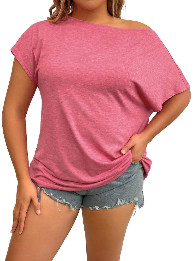 Plus Size Women Solid Color Asymmetrical Collar Batwing Short Sleeve Casual T-Shirt For Summer