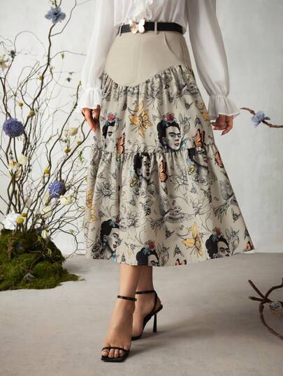 Frida Kahlo X SHEIN X Designer KATHARSIS Printed Skirt With Pleats, Featuring Figures And Flowers
