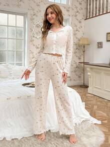 Ditsy Floral Print Lettuce Trim PJ Set / Pajama Set - Beige - View 3