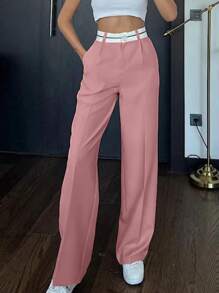 EURMUSE Pantalones De Traje Anchos Plisados De Cintura Alta Con Bloques De Color - Rosa Pálido - Ver 3