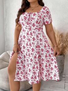 SHEIN CURVE+ Plus Size Nữ Kỳ Nghỉ Hè In Hoa Người Yêu Cổ Ngắn Tay Đầm Thanh Lịch Với Bên Chia Viền - Hồng - Xem 5