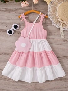 SHEIN Vintaside Kids Young Girl Fresh Color Block Cute Summer Suspender Dress