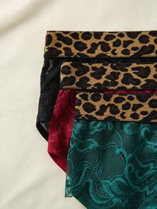 Wedaily Women Fashion Leopard Print Lace Splicing Triangle Panty ,3 Pcs - Multicolor - View 3