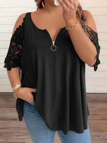 Celure T-shirt d"été grande taille à col rond large en dentelle unie