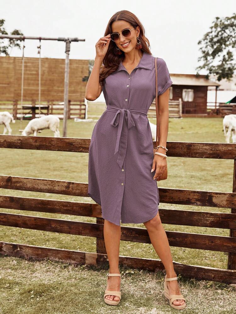 Women Summer Solid Color Short Sleeve Casual Shirt Dress