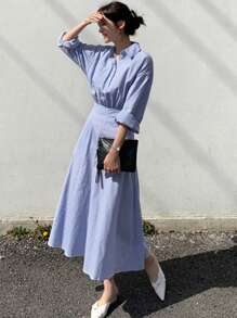 DAZY 女士条纹衬衫裙、秋季连衣裙、长袖连衣裙