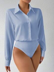 RosyDaze 女性純色翻領前釦長袖連體衣 - 淺藍色 - 查看 6