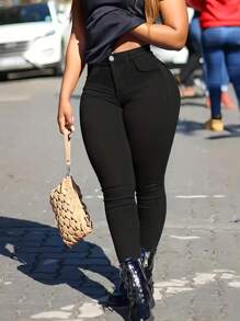 Women's Solid Color Front Button Multiple Pockets Casual Pants, Suitable For Daily Wear And Business