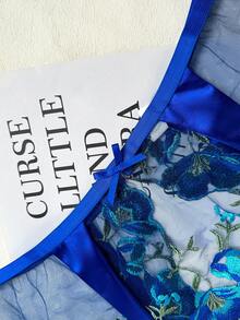 SHEIN Lencería de mujeres talla grande, sexy, con bordados, estampados y malla de contraste - Azul - Ver 5