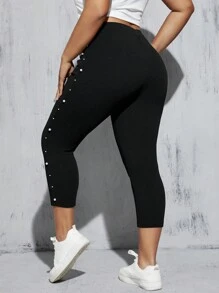 SHEIN Essnce Quần legging lưng thun đính cườm thông thường dành cho nữ mùa hè cỡ lớn, Quần nữ, Quần áo nữ mùa hè, Quần đen, Quần crop, Quần legging, Quần legging, Quần âu, Quần cong, Capris nữ, Quần legging nữ - màu đen - Xem 2