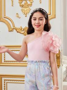 SHEIN Tween Girl Cute Light One Shoulder Palace Style 3D Flower T-Shirt - Pink - View 6
