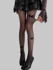 ROMWE Fairycore 1pair Women Sheer Tights With Three Black Butterflies, For All Seasons - Black - View 1