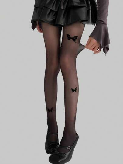 ROMWE Fairycore 1pair Women Sheer Tights With Three Black Butterflies, For All Seasons
