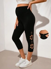 SHEIN 孕婦實色可調腰部燃燒花卉空心三/四腿長休閒打底褲 - 黑色 - 查看 1