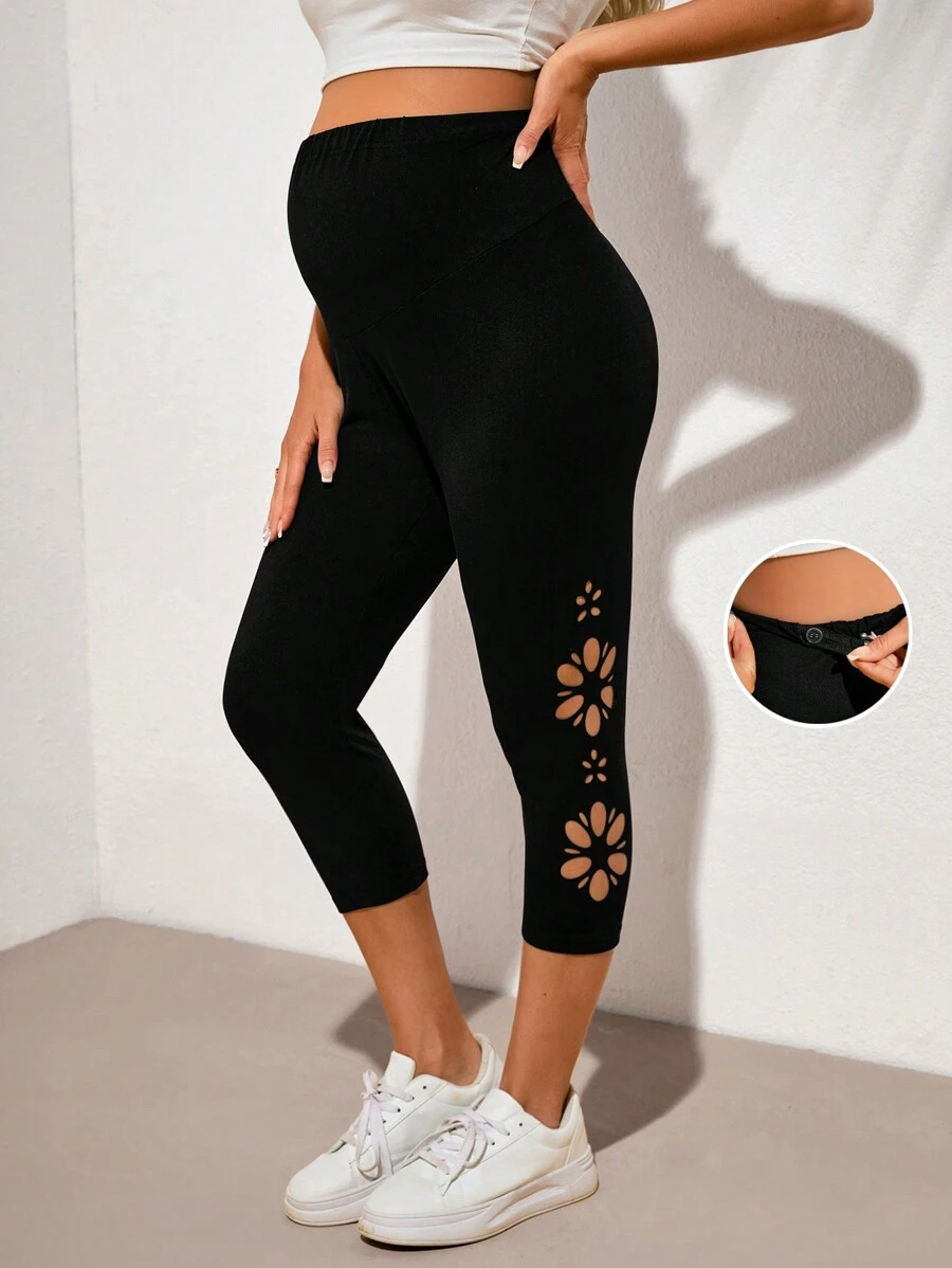 SHEIN 孕婦實色可調腰部燃燒花卉空心三/四腿長休閒打底褲 - 黑色 - 查看 1