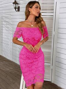 Eilly Bazar Women's Solid Color Off-Shoulder Lace Short Sleeve Dress - Hot Pink - View 3