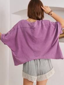 Bohemela Vacation Loose Drop Shoulder Asymmetrical Hem Women T-Shirt - Purple - View 2