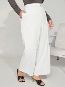 SHEIN BASICS Plus Size Women Solid Color Pleated Loose Straight Wide Leg Casual Pants For Daily Wear - White - View 5