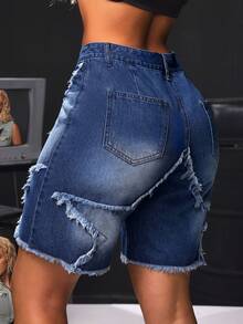 SHEIN SXY 夏季休閒拼色破洞五星印花牛仔短褲 - 深色水洗藍 - 查看 3