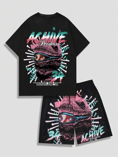 Street Life Conjunto de hombre de 2 piezas con impresión de retrato en camiseta de manga corta y shorts, adecuado para uso diario en primavera y verano