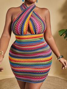 Slaydiva Plus Size Nữ Gợi Cảm In Hình Học Dệt Kim Jacquard Halter Cổ Bodycon Đầm Cho Kỳ Nghỉ - Nhiều màu - Xem 4