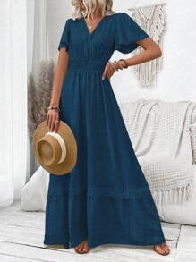 Breezaya V-Neck Ruffle Sleeve Solid Color Vacation Style Spring/Summer Dress Maxi Women Outfit - Dark Wash - View 6