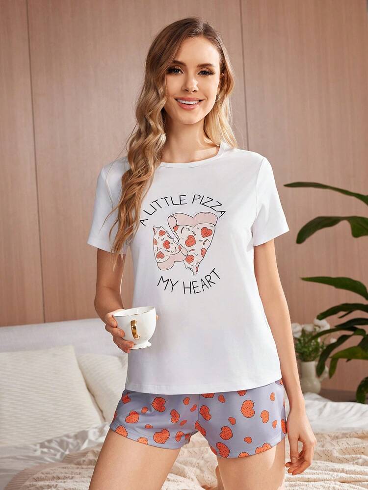 Women Fashionable Pizza Printed Short Sleeve Shorts Sleepwear Set